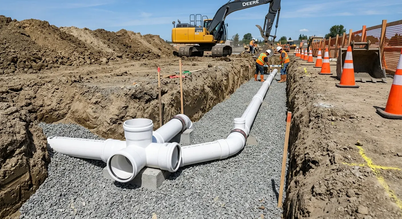 New PVC sewer pipe installation in open trench for Commercial Drain Cleaning in La Vergne