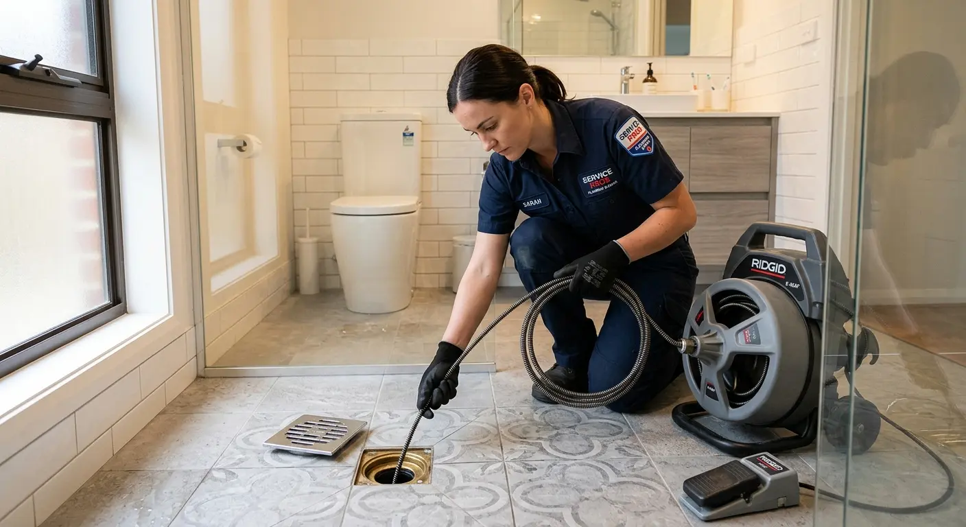 Technician clearing a bathroom floor drain for Sewer Line Installation in La Vergne